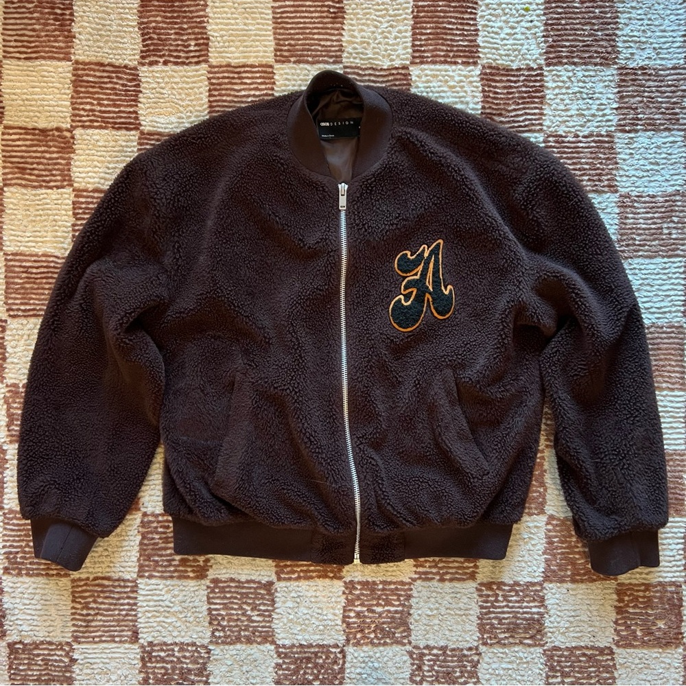 ASOS Chocolate Dark Brown Teddy Bomber Jacket Collegiate Letter Patch Sherpa Zip